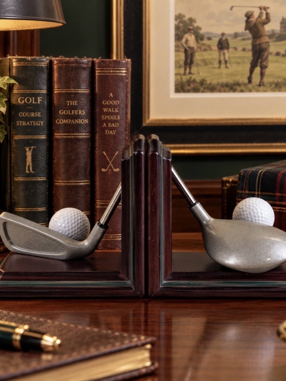 Vintage Golf Club Iron Driver Ball Pair Bookends Wood Base